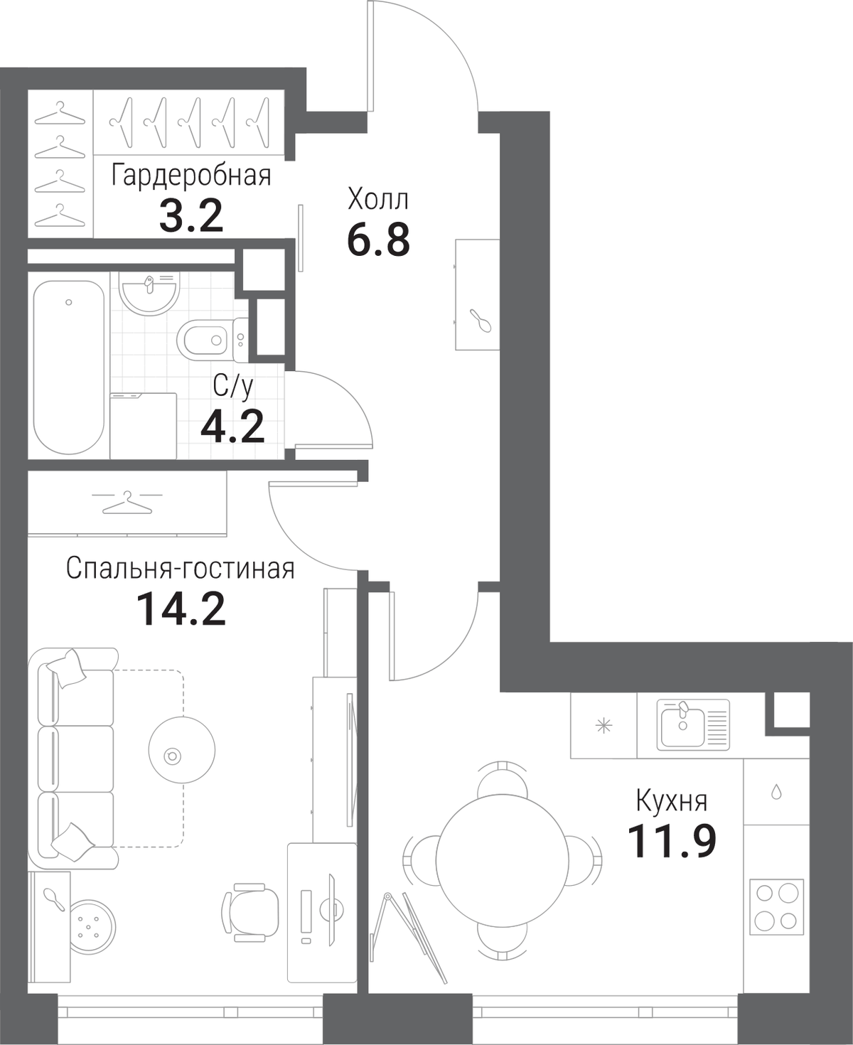 Планировка однокомнатная 40.3 м² в ЖК «Нагатино Ай-Лэнд», корпус 2