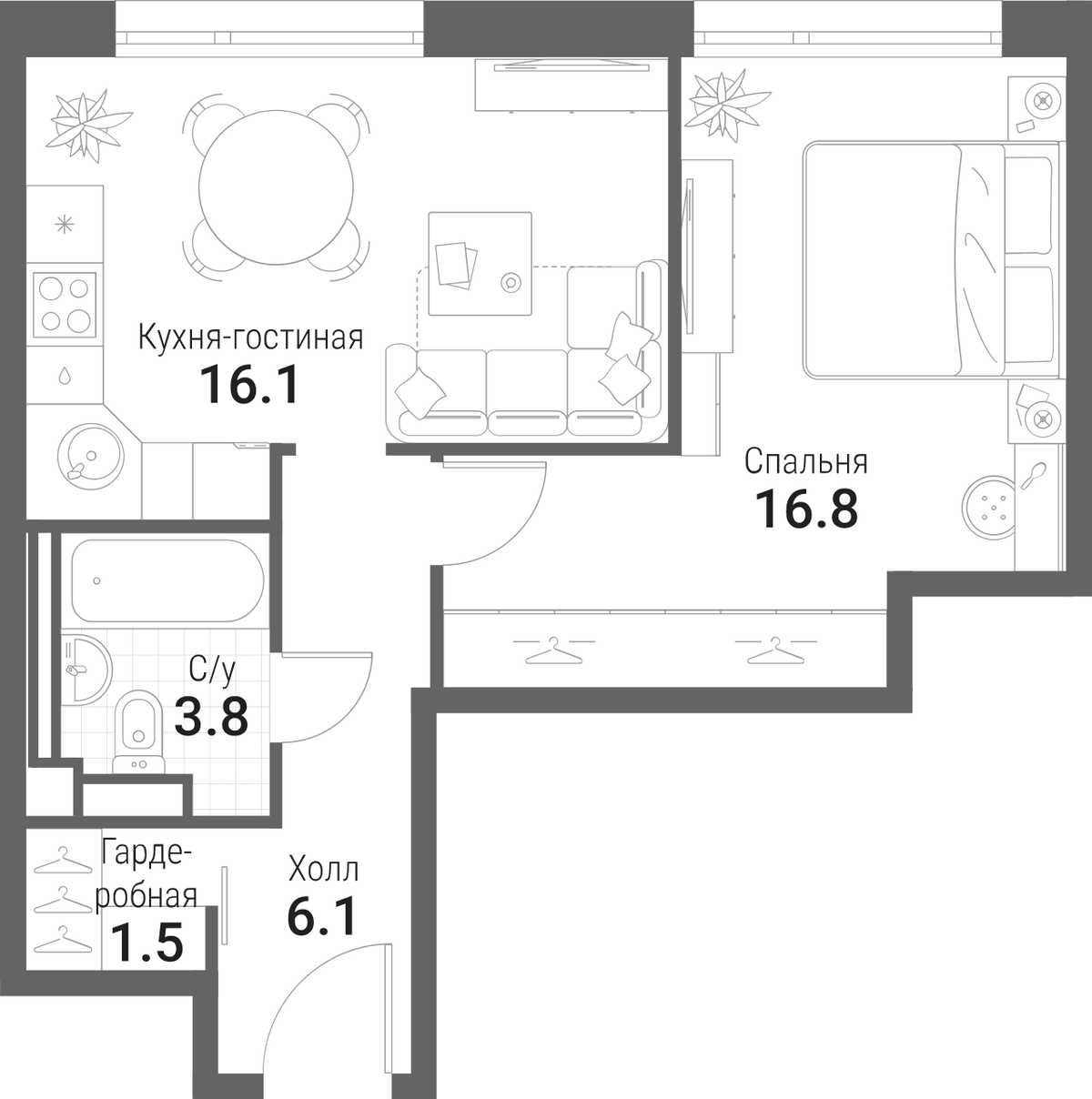 Планировка евродвушка (2Е) 43.8 м² в ЖК «Нагатино Ай-Лэнд», корпус 2