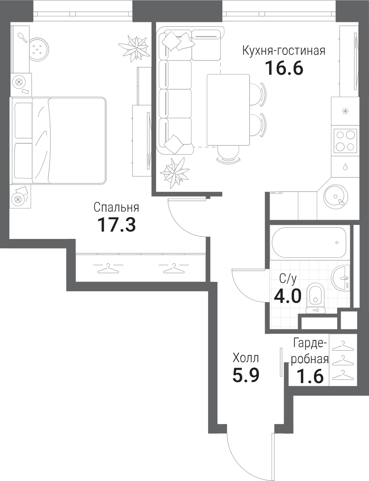Планировка евродвушка (2Е) 45.1 м² в ЖК «Нагатино Ай-Лэнд», корпус 2