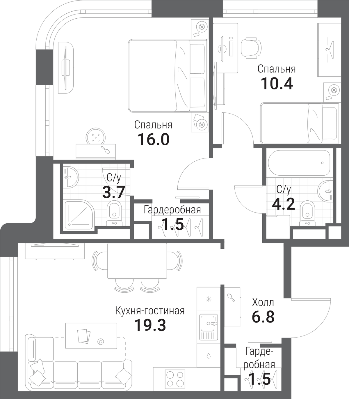 Планировка евротрёшка (3Е) 63.2 м² в ЖК «Нагатино Ай-Лэнд», корпус 2