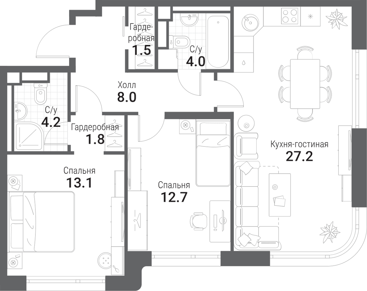 Планировка евротрёшка (3Е) 72.5 м² в ЖК «Нагатино Ай-Лэнд», корпус 2