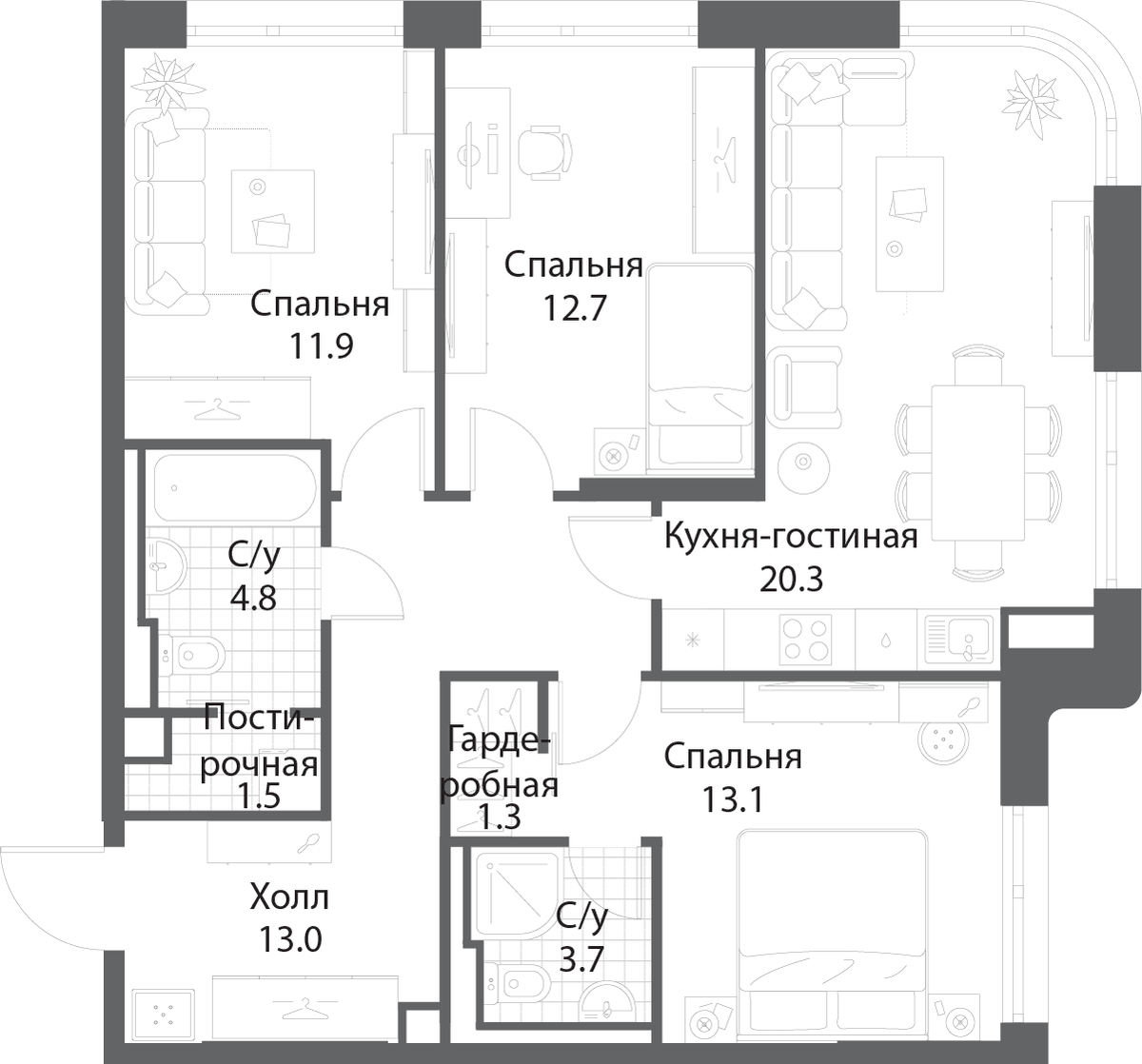 Планировка евро-4 (4Е) 81.9 м² в ЖК «Нагатино Ай-Лэнд», корпус 2