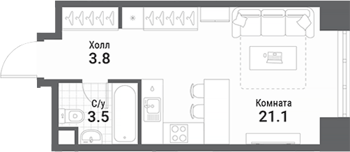 Планировка Студии 28.4 м² в ЖК «Нагатино Ай-Лэнд», корпус 4