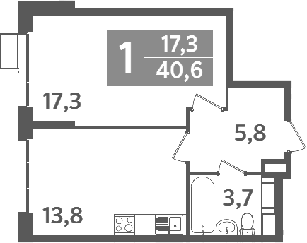 Планировка однокомнатная 39.6 м² в ЖК «Ново-Молоково», корпус 13