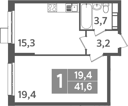 Планировка однокомнатная 41.6 м² в ЖК «Ново-Молоково», корпус 13