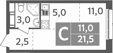 Планировка Студии 21.5 м² в ЖК «Ново-Молоково», корпус 13