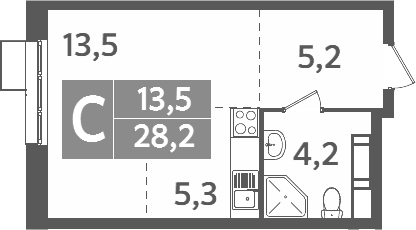 Планировка Студии 28.2 м² в ЖК «Ново-Молоково», корпус 13