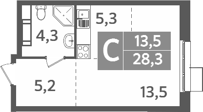 Планировка Студии 28.3 м² в ЖК «Ново-Молоково», корпус 13