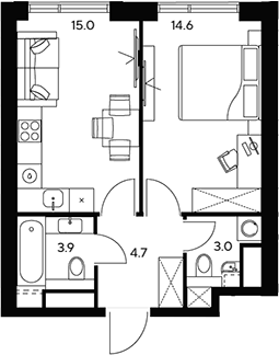 Планировка однокомнатная 41.2 м² в ЖК «НЕКСУС от Аквилон», корпус 1