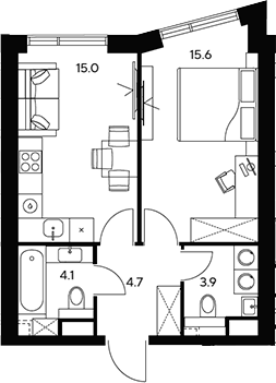 Планировка однокомнатная 43.3 м² в ЖК «НЕКСУС от Аквилон», корпус 1
