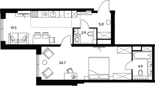 Планировка евродвушка (2Е) 56.8 м² в ЖК «НЕКСУС от Аквилон», корпус 1
