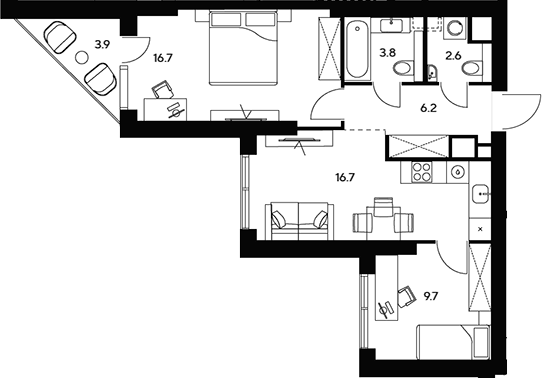 Планировка евротрёшка (3Е) 59.6 м² в ЖК «НЕКСУС от Аквилон», корпус 1