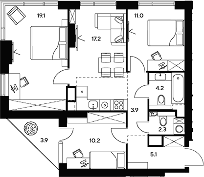 Планировка евро-4 (4Е) 76.9 м² в ЖК «НЕКСУС от Аквилон», корпус 1