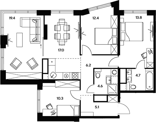 Планировка 5Е-к.кв 93.5 м² в ЖК «НЕКСУС от Аквилон», корпус 1
