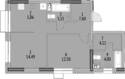 Планировка евродвушка (2Е) 51.72 м² в ЖК «N'ICE LOFT», корпус 7