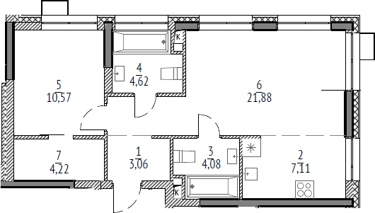 Планировка евродвушка (2Е) 55.54 м² в ЖК «N'ICE LOFT», корпус 4