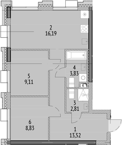 Планировка евротрёшка (3Е) 54.29 м² в ЖК «N'ICE LOFT», корпус 6