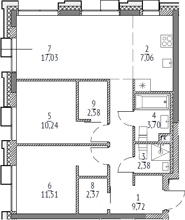 Планировка евротрёшка (3Е) 66.59 м² в ЖК «N'ICE LOFT», корпус 4