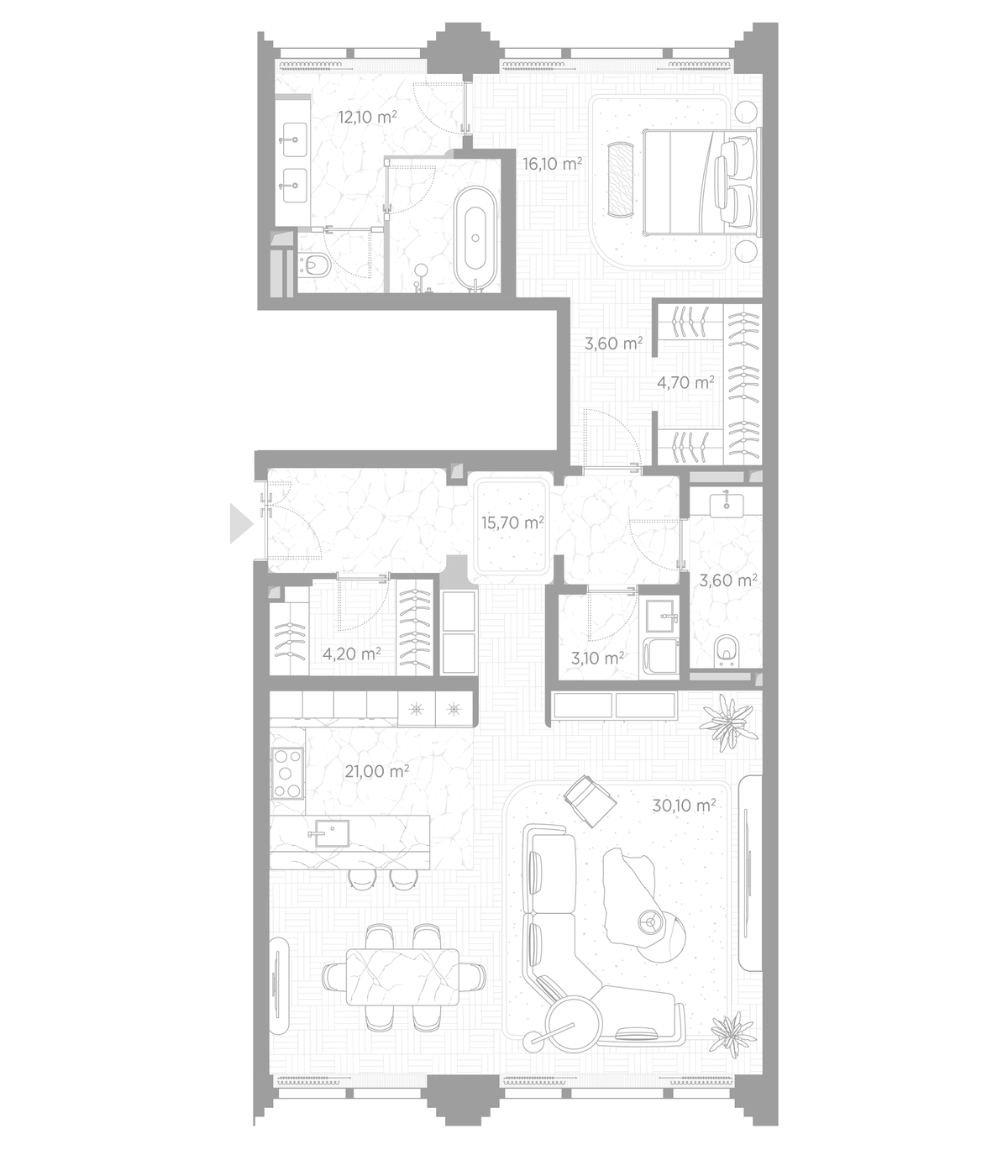 Планировка однокомнатная 114.2 м² в ЖК «Николь», корпус Клуб