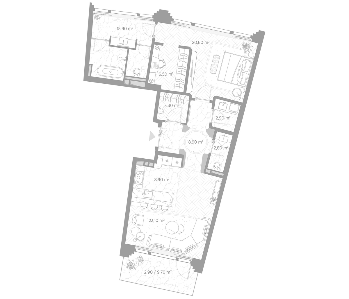 Планировка евродвушка (2Е) 95.8 м² в ЖК «Николь», корпус Клуб