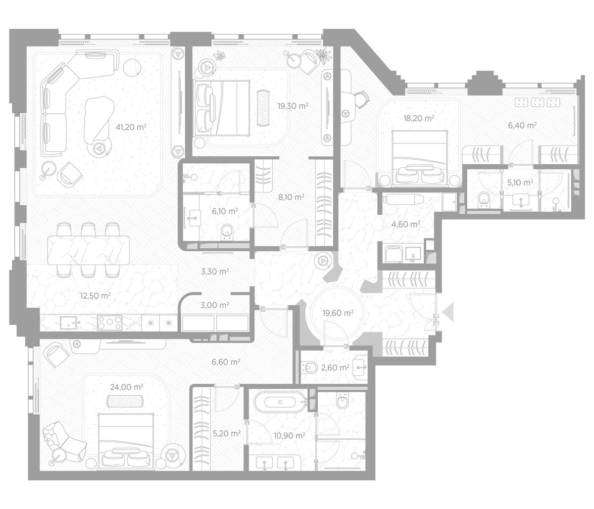 Планировка трёхкомнатная 196.7 м² в ЖК «Николь», корпус Клуб