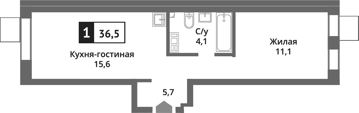 Планировка евродвушка (2Е) 36.5 м² в ЖК «Никольский квартал Отрада», корпус 10