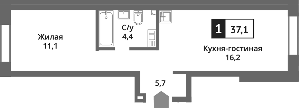 Планировка евродвушка (2Е) 37.1 м² в ЖК «Никольский квартал Отрада», корпус 10