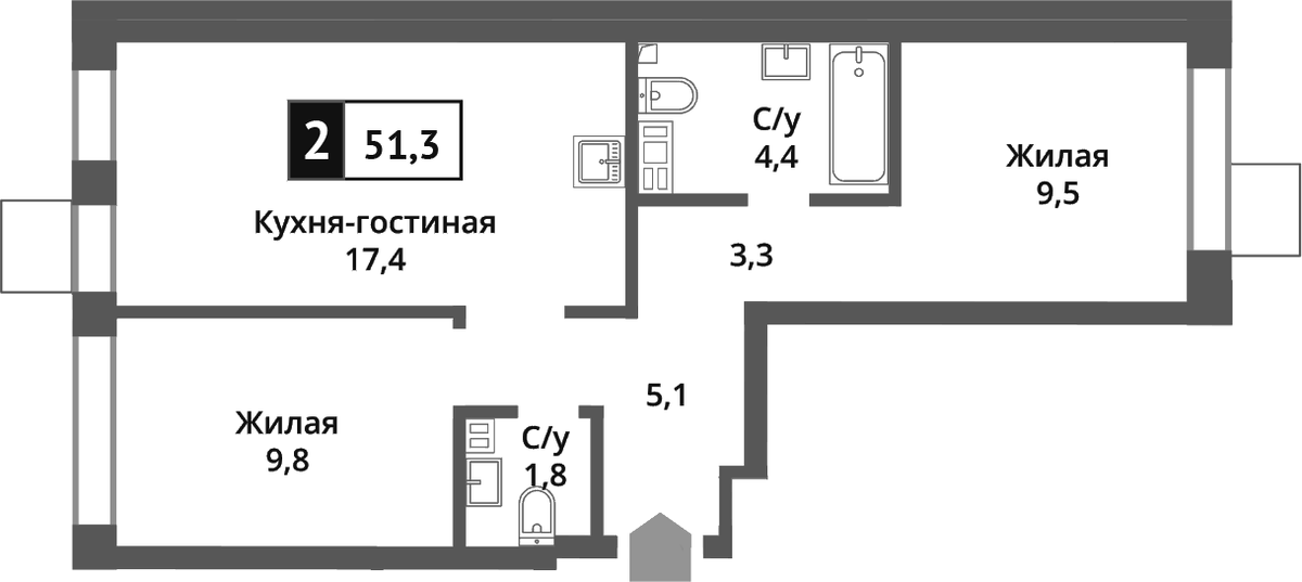 Планировка евротрёшка (3Е) 51.3 м² в ЖК «Никольский квартал Отрада», корпус 5