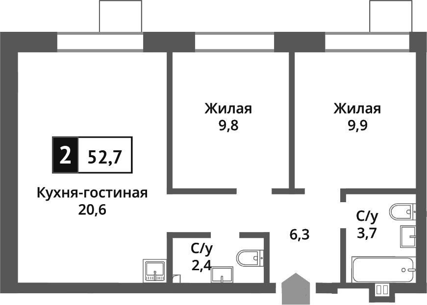 Планировка евротрёшка (3Е) 52.7 м² в ЖК «Никольский квартал Отрада», корпус 5