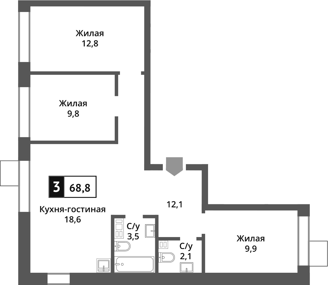 Планировка евро-4 (4Е) 68.8 м² в ЖК «Никольский квартал Отрада», корпус 5
