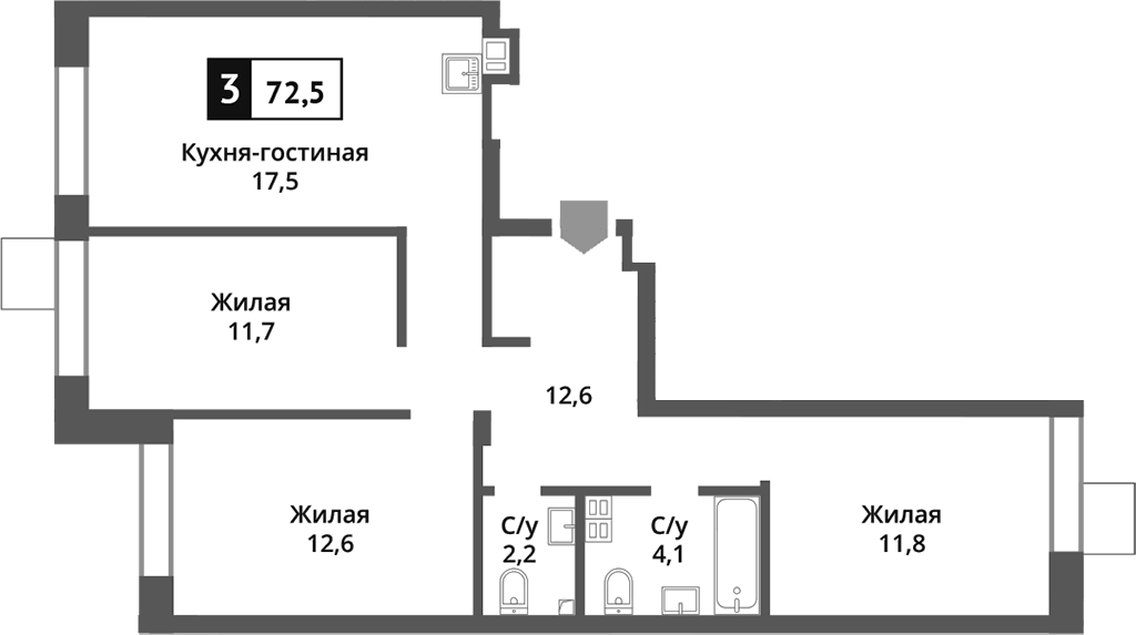 Планировка евро-4 (4Е) 72.5 м² в ЖК «Никольский квартал Отрада», корпус 4