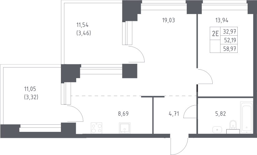 Планировка евродвушка (2Е) 58.97 м² в ЖК «НОВА», корпус 1