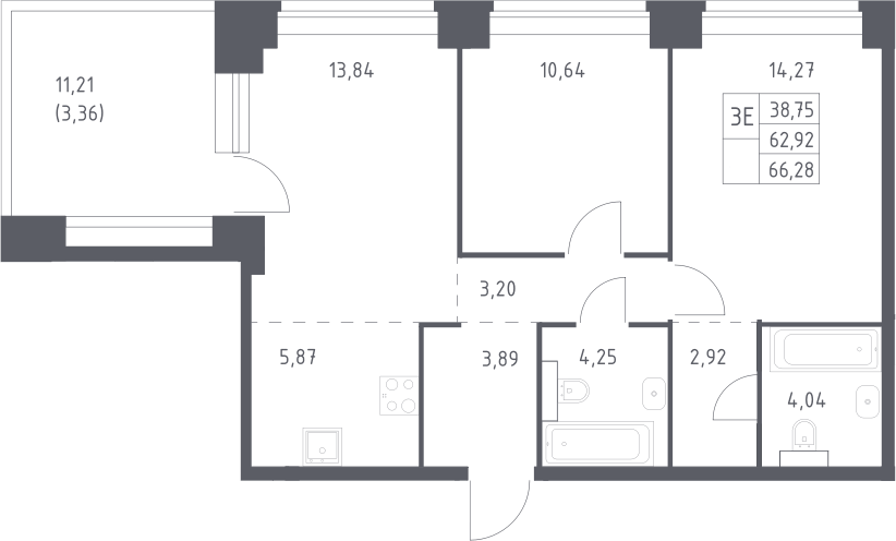 Планировка евротрёшка (3Е) 66.28 м² в ЖК «НОВА», корпус 1