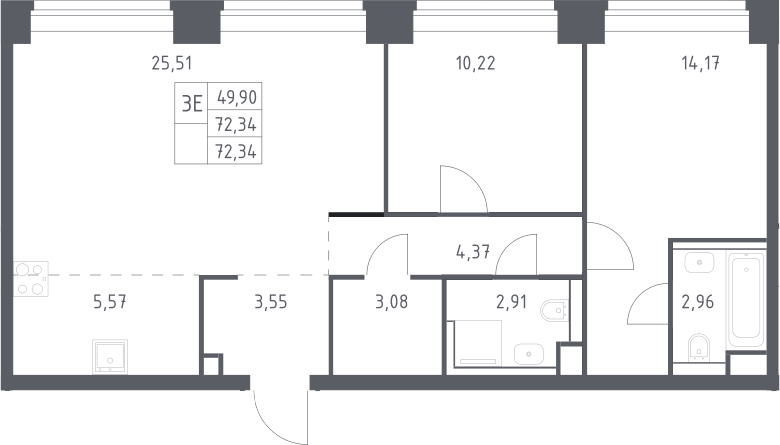 Планировка евротрёшка (3Е) 72.34 м² в ЖК «НОВА», корпус 1