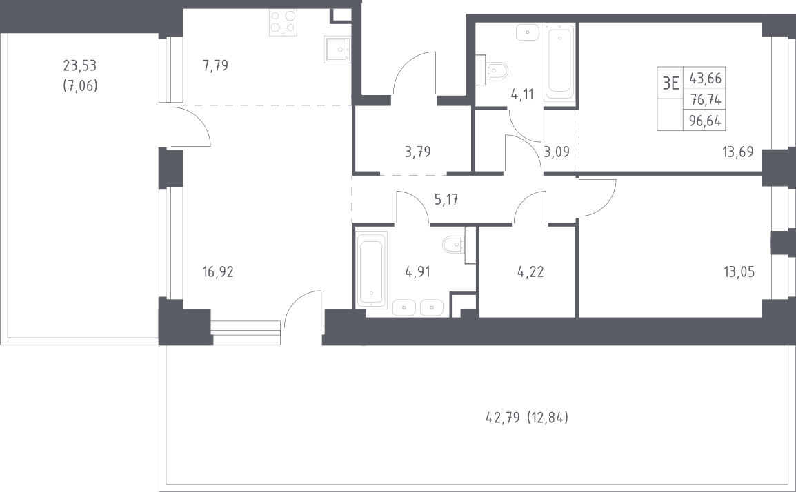 Планировка евротрёшка (3Е) 96.64 м² в ЖК «НОВА», корпус 1