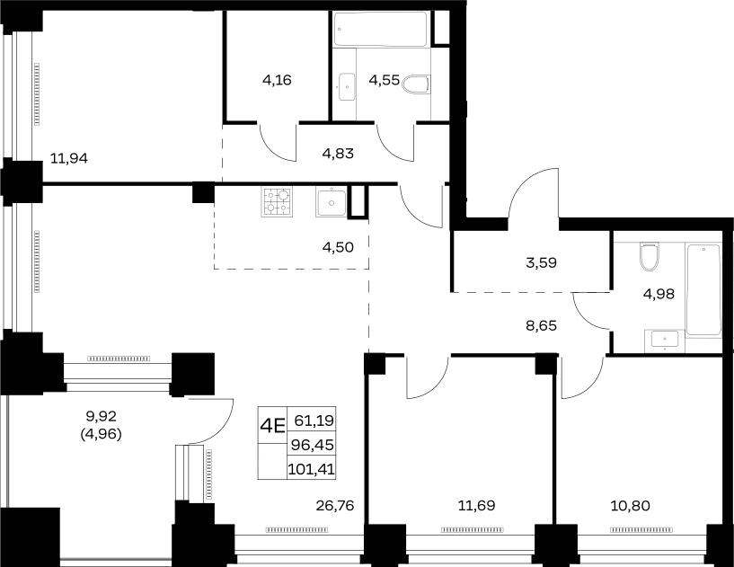 Планировка евро-4 (4Е) 101.41 м² в ЖК «НОВА», корпус 3