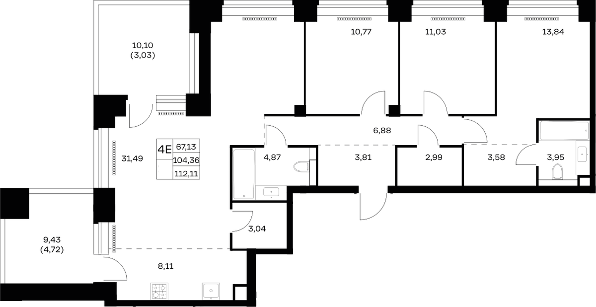 Планировка евро-4 (4Е) 112.11 м² в ЖК «НОВА», корпус 1