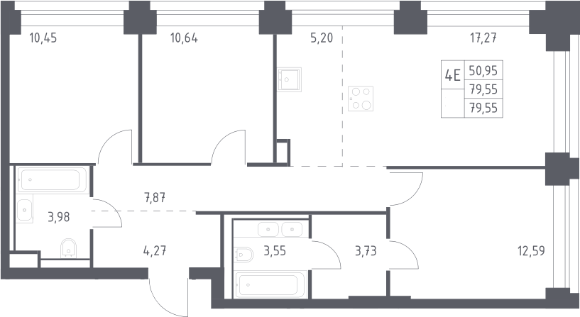 Планировка евро-4 (4Е) 79.55 м² в ЖК «НОВА», корпус 2