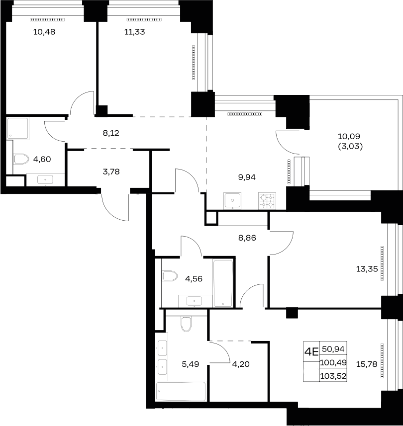 Планировка 5Е-к.кв 103.52 м² в ЖК «НОВА», корпус 1