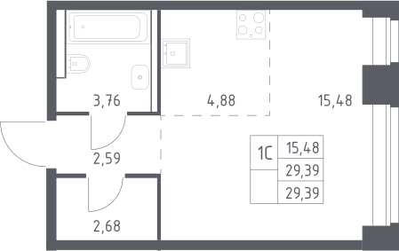Планировка Студии 29.39 м² в ЖК «НОВА», корпус 1