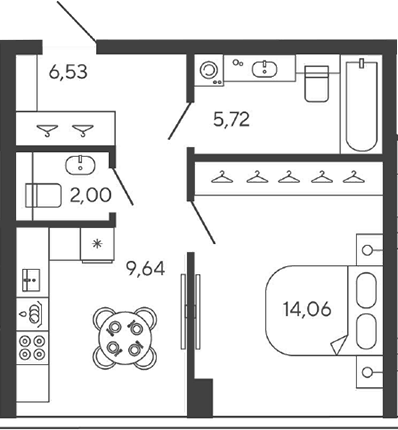 Планировка однокомнатная 37.95 м² в ЖК «Новая, 11», корпус 1