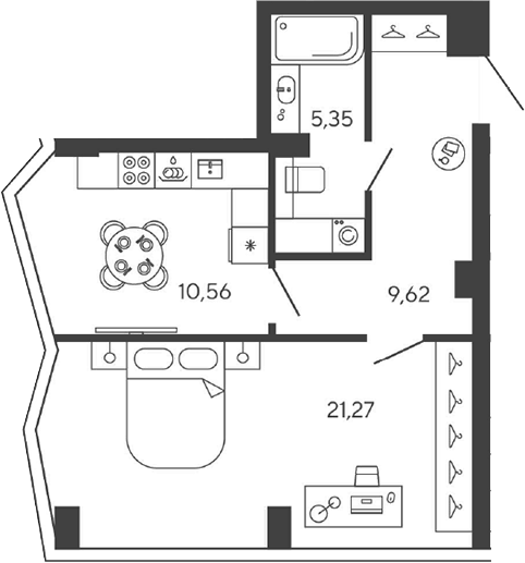 Планировка однокомнатная 46.8 м² в ЖК «Новая, 11», корпус 1
