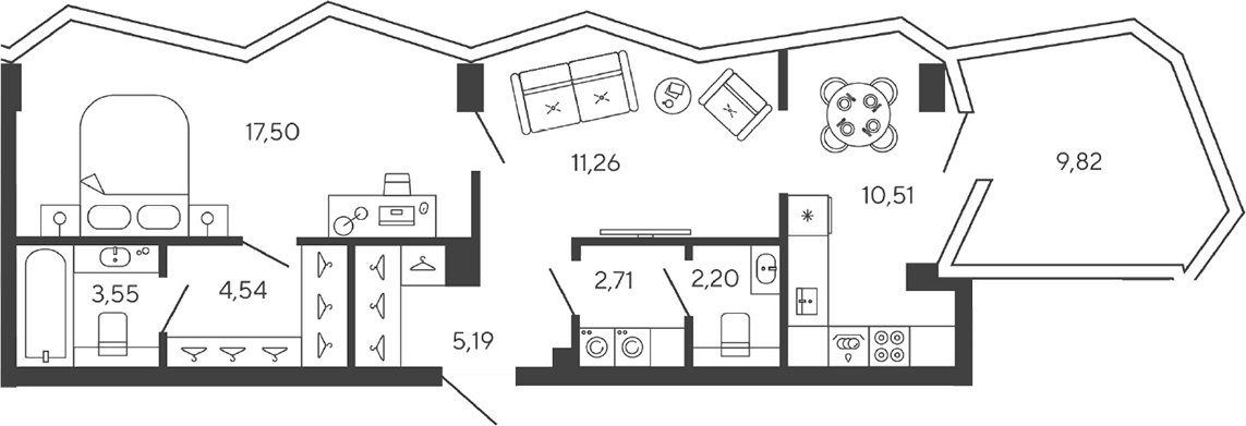 Планировка евродвушка (2Е) 60.41 м² в ЖК «Новая, 11», корпус 1