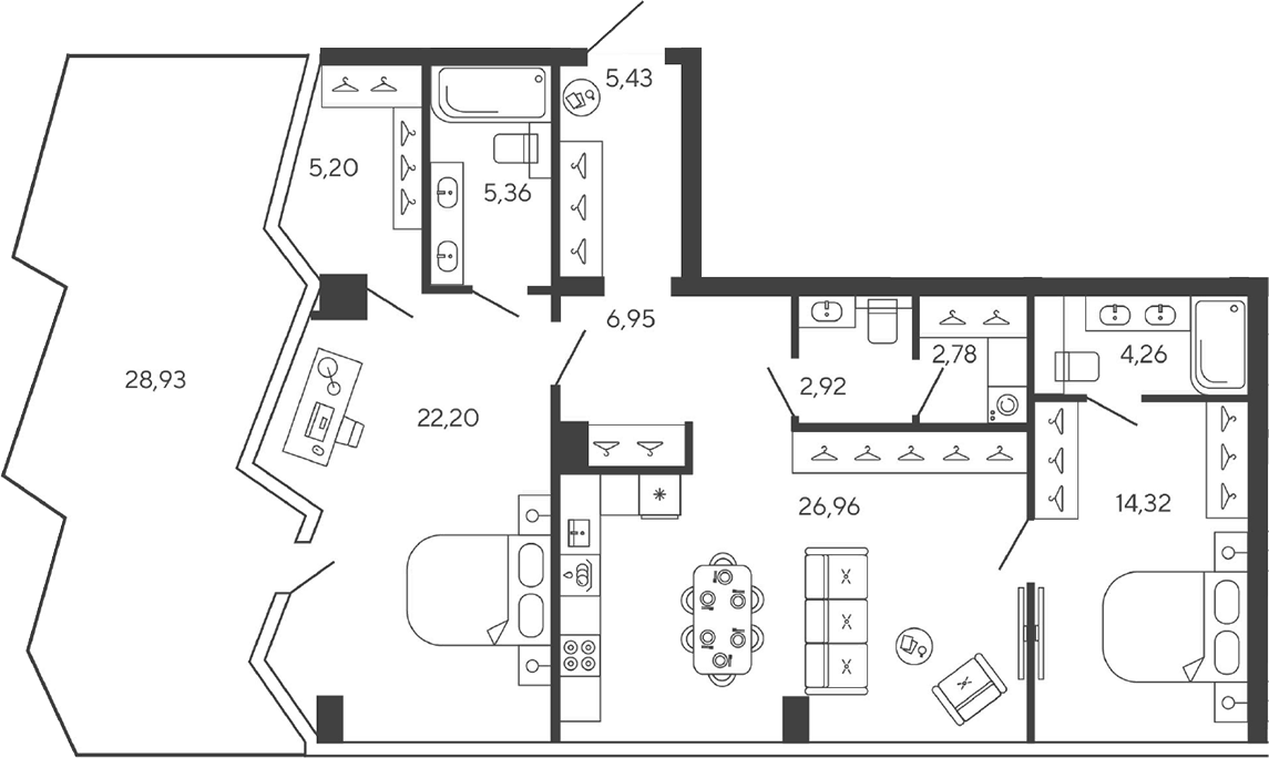 Планировка евротрёшка (3Е) 105.06 м² в ЖК «Новая, 11», корпус 1