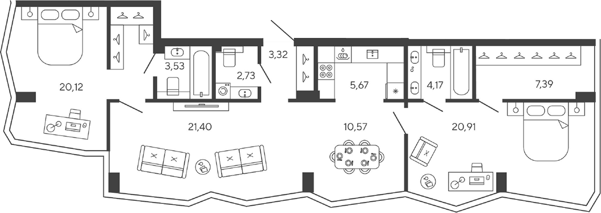 Планировка евротрёшка (3Е) 99.81 м² в ЖК «Новая, 11», корпус 1