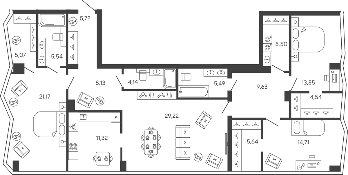 Планировка евро-4 (4Е) 149.67 м² в ЖК «Новая, 11», корпус 1