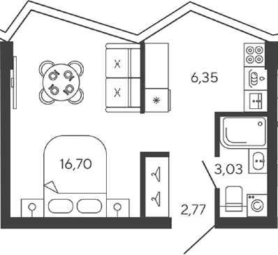 Планировка Студии 28.84 м² в ЖК «Новая, 11», корпус 1