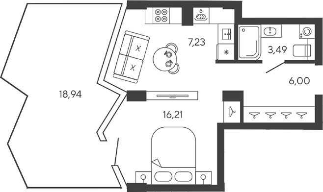 Планировка Студии 38.61 м² в ЖК «Новая, 11», корпус 1