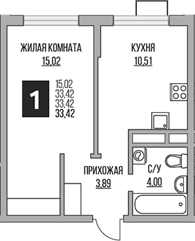 Планировка однокомнатная 33.42 м² в ЖК «Гранель Алексеевская роща», корпус 4