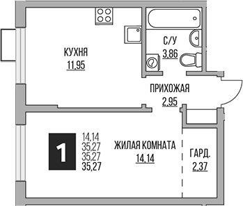 Планировка однокомнатная 35.27 м² в ЖК «Гранель Алексеевская роща», корпус 4